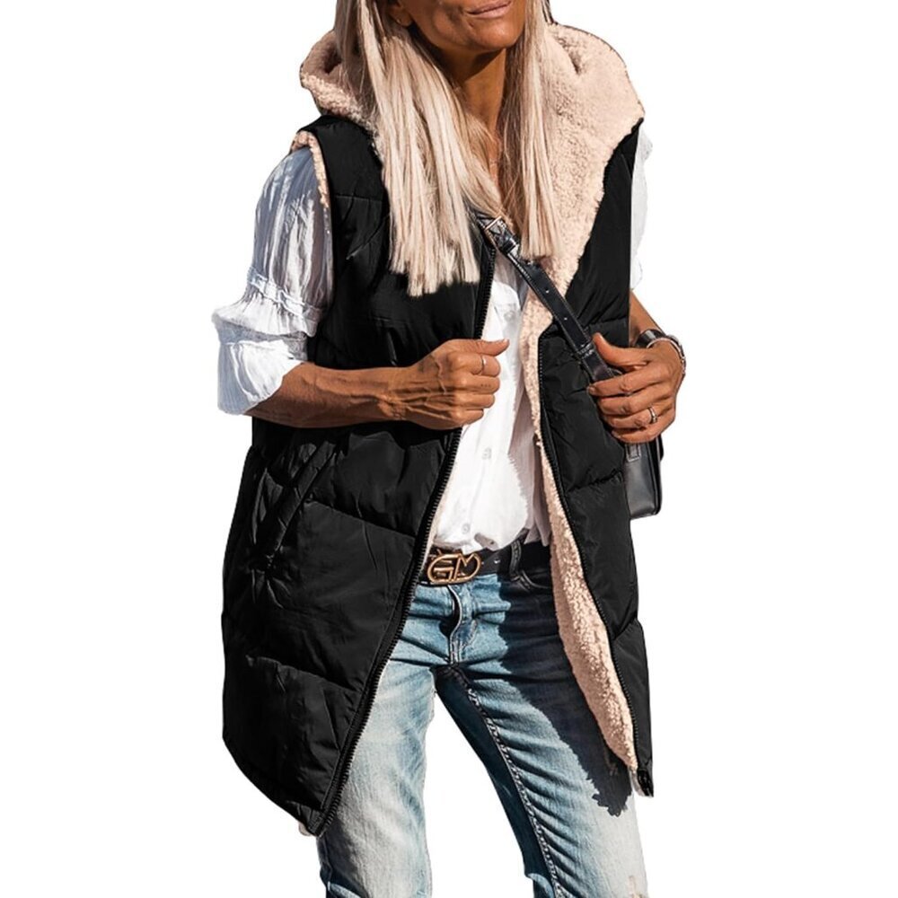 Women's Reversible Long Vests Sleeveless Fleece Jacket Pockets Winter Coat
